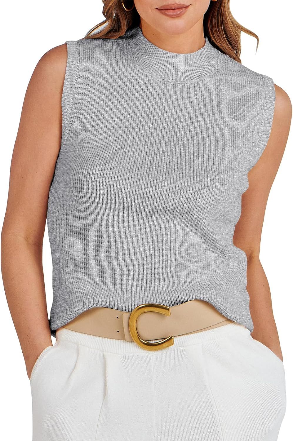 Caracilia Women's Mock Neck Sweater Vest Casual Sleeveless Ribbed Knit Pullover Tank Tops 2023 Fa... | Amazon (US)