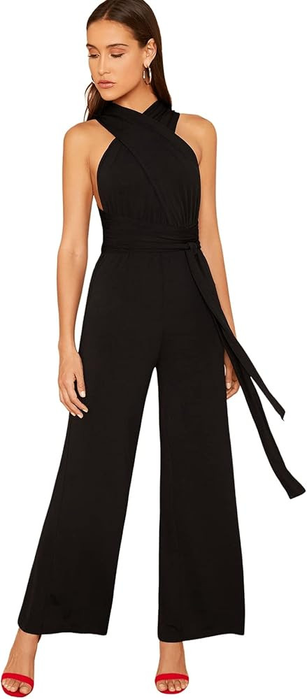 SweatyRocks Women's Sexy Deep V Neck Sleeveless Halter Jumpsuit Backless High Waist Wide Leg Romp... | Amazon (US)