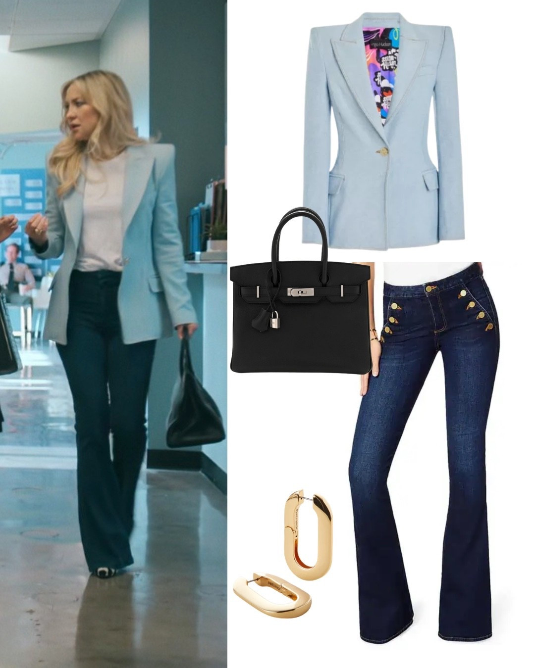Isla Gordon, played by Kate Hudson, wearing a denim blazer, dark flare jeans and a black handbag on Running Point.

#LTKootd #LTKOver40