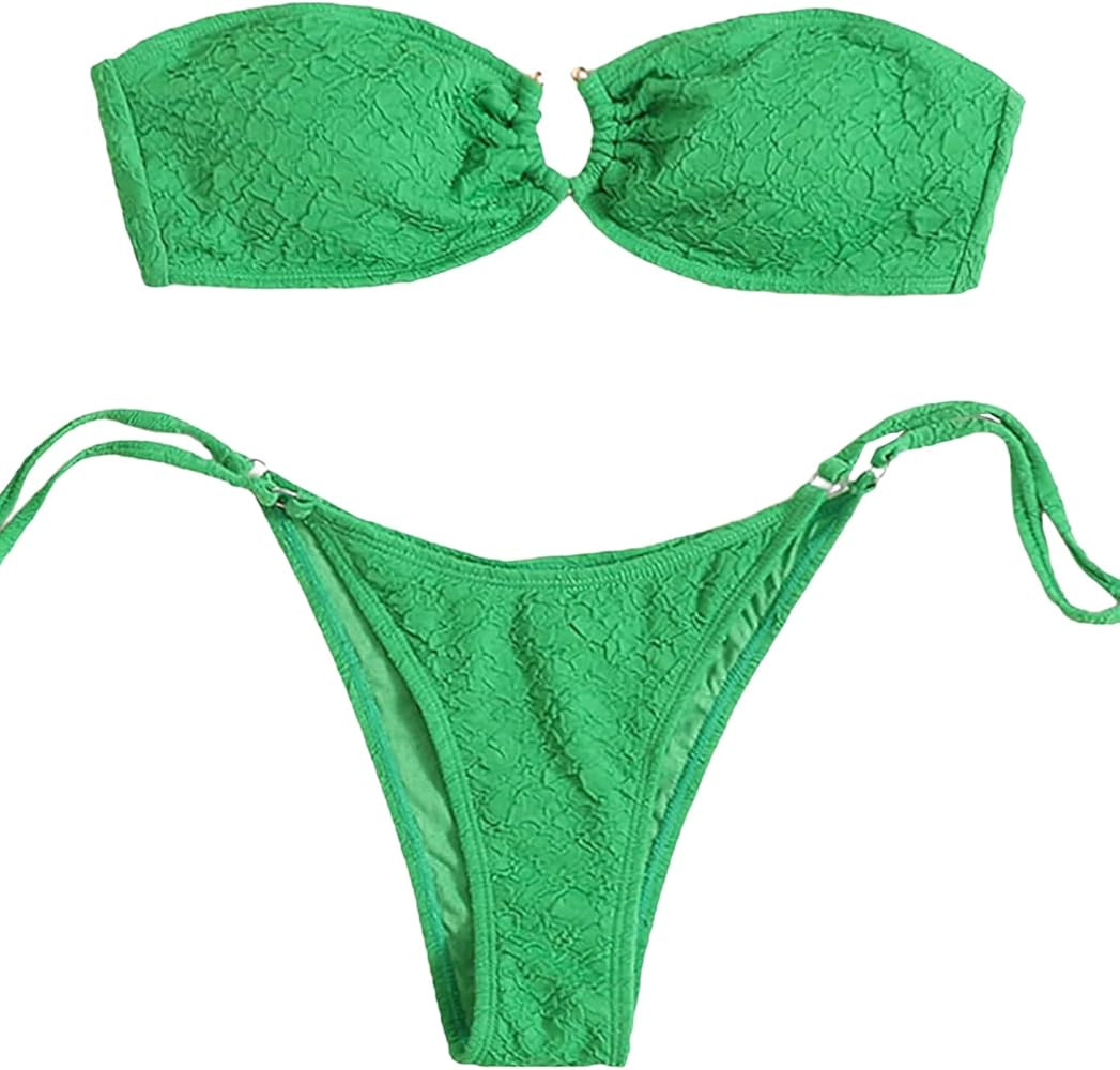 MakeMeChic Women's Bandeau Tie Side Bikini Set High Cut 2 Piece Swimsuit Bathing Suit | Amazon (US)