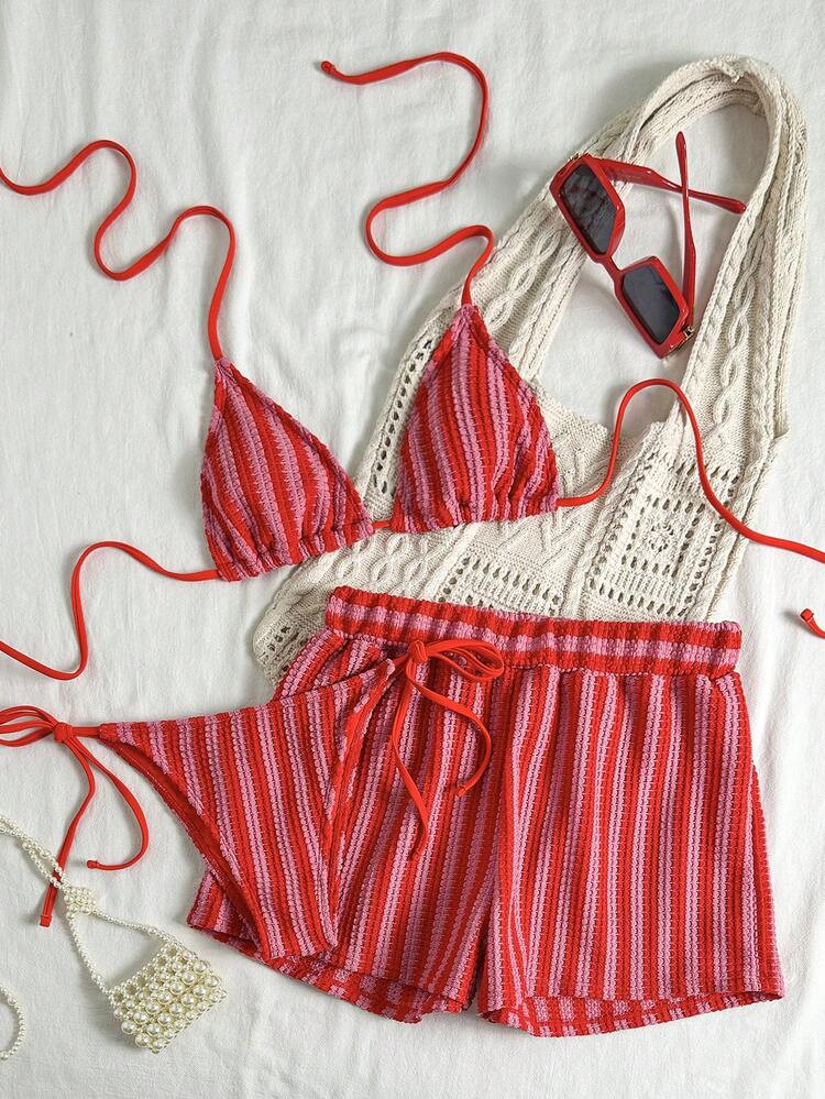 Swim Vcay 3pcs/Set Bohemian Style Crochet Fabric Drawstring Swimwear Cover Up Bikini Set | SHEIN
