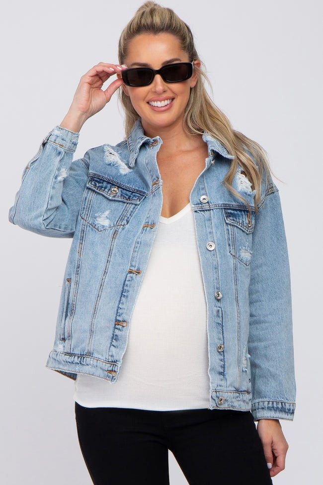 Light Blue Distressed Denim Maternity Jacket | PinkBlush Maternity