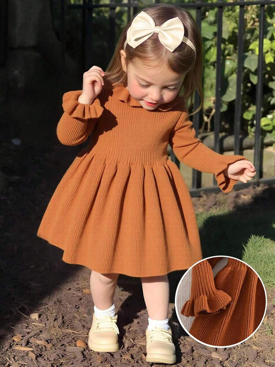 SHEIN Babygirl Solid Color Knitted Long Sleeve Dress, Autumn/Winter | SHEIN