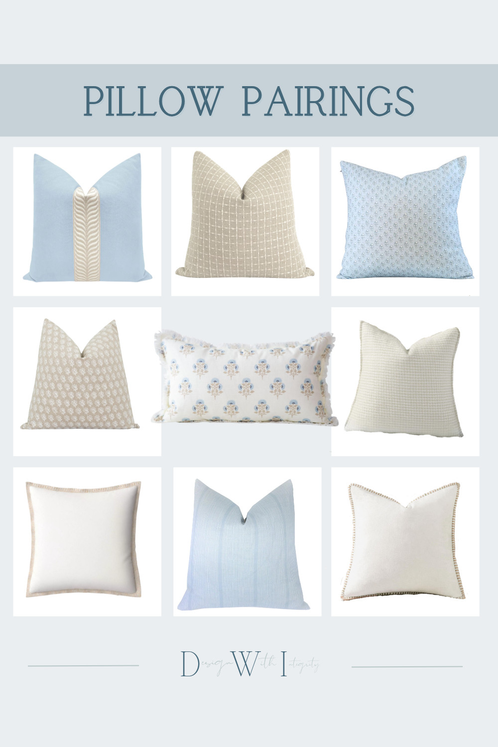 This pillow pairing is a study in soft contrast and thoughtful layering. Powder blue solids bring a serene foundation, while warm oat and ivory neutrals keep the palette balanced and timeless. Subtle grids and micro prints introduce structure, while delicate florals add movement and charm without overwhelming the composition.

The key to this mix is pattern scale and texture variation. A tailored stripe or grid grounds the look, a small scale floral adds detail, and refined piping or trim elevates the overall finish. The result feels cohesive, airy, and quietly sophisticated.

Shop the curated pairing to layer blue and neutral tones into your space with confidence.

#PillowPairings #BlueAndNeutral #LayeredHome #InteriorStyling #TransitionalDesign 

 #LTKHome