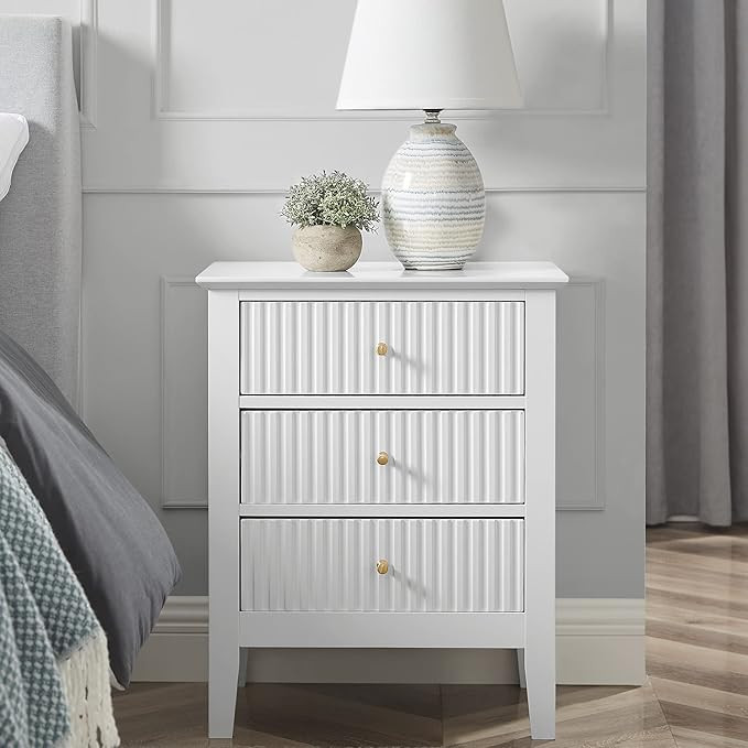 OCANDO White Bed Side Table with 3 Drawers 19" W, Bedroom Nightstand 24" H,Vintage Modern Night S... | Amazon (US)