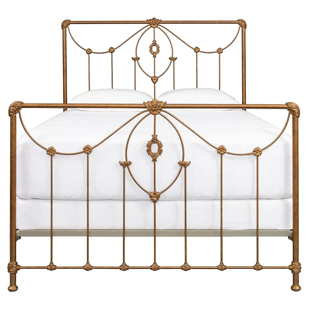 Margaret Updated Traditional Vintage Gold Iron Bed - King | Kathy Kuo Home