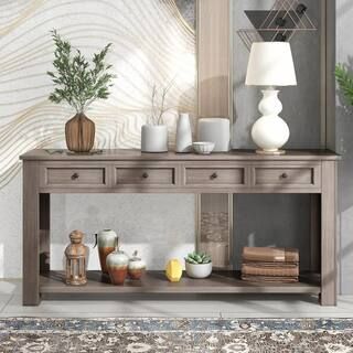 64.2 in. Gray Standard Rectangle Wood Console Table with 4-Storage Drawers and Bottom Shelf | The Home Depot