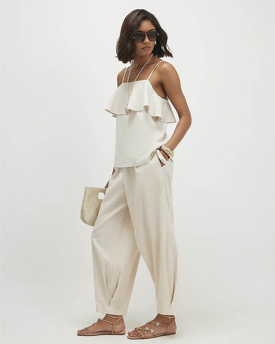 Beige Linen Blend Tapered Balloon Trousers | River Island UK & IE
