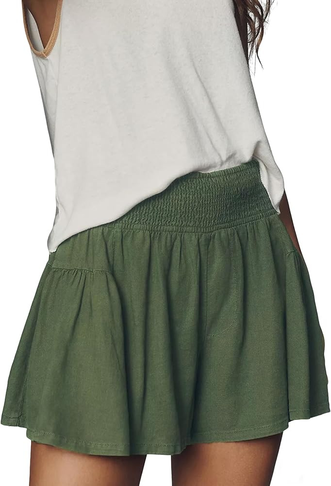 Linen Shorts for Women Summer Casual High Smocked Waist Wide Leg Lounge Baggy Beach Skirty Shorts | Amazon (US)