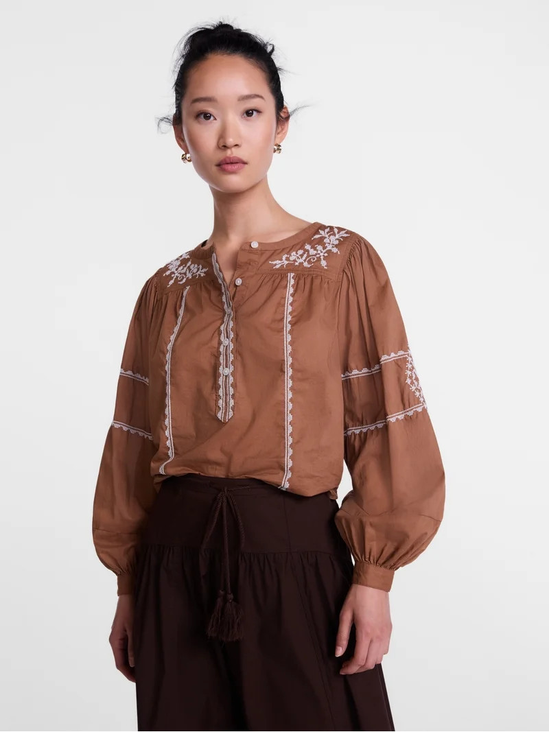 Scenario Women's and Women's Plus Embroidered Top with Long Sleeves, Sizes XS-4X | Walmart (US)