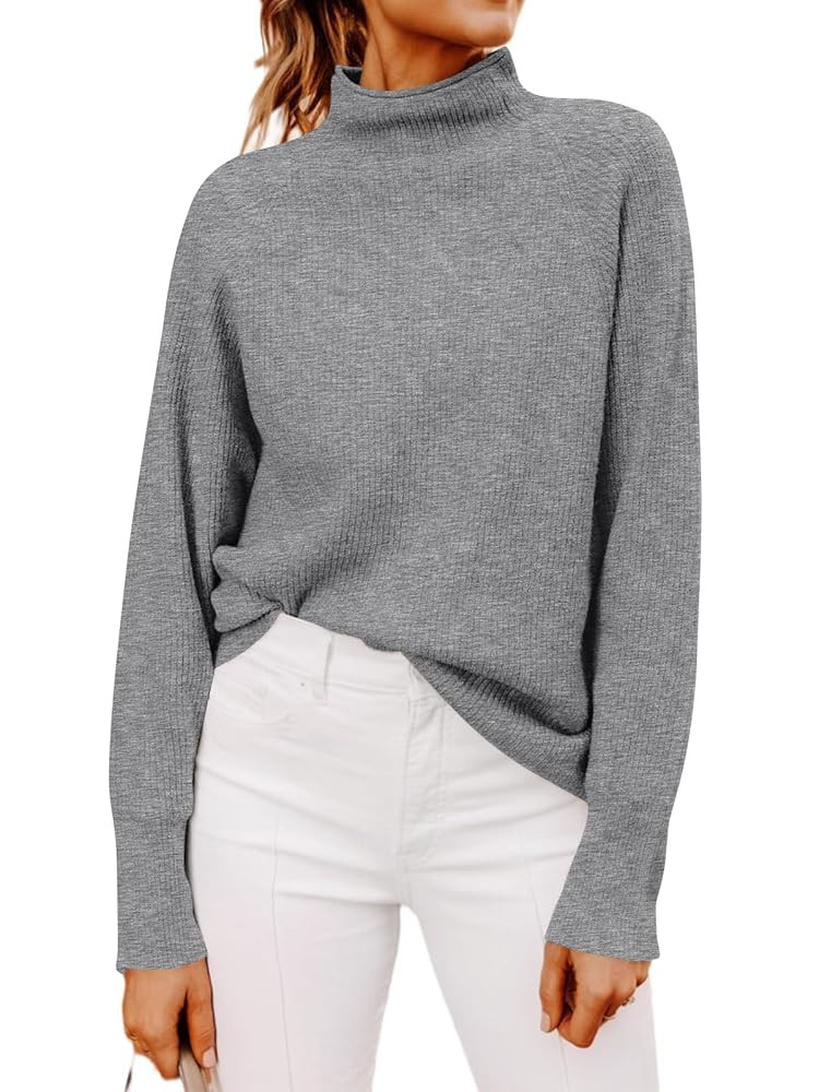 Yousify Womens Ribbed Mock Neck Batwing Sleeve Sweater Loose Knitted Pullover Sweaters Jumper Top... | Amazon (US)