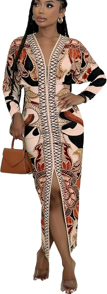 Women Long Sleeve Dress Casual Bodycon Maxi Dress Deep V Neck Ruched Midi Dresses Sexy Slit Plus ... | Amazon (US)