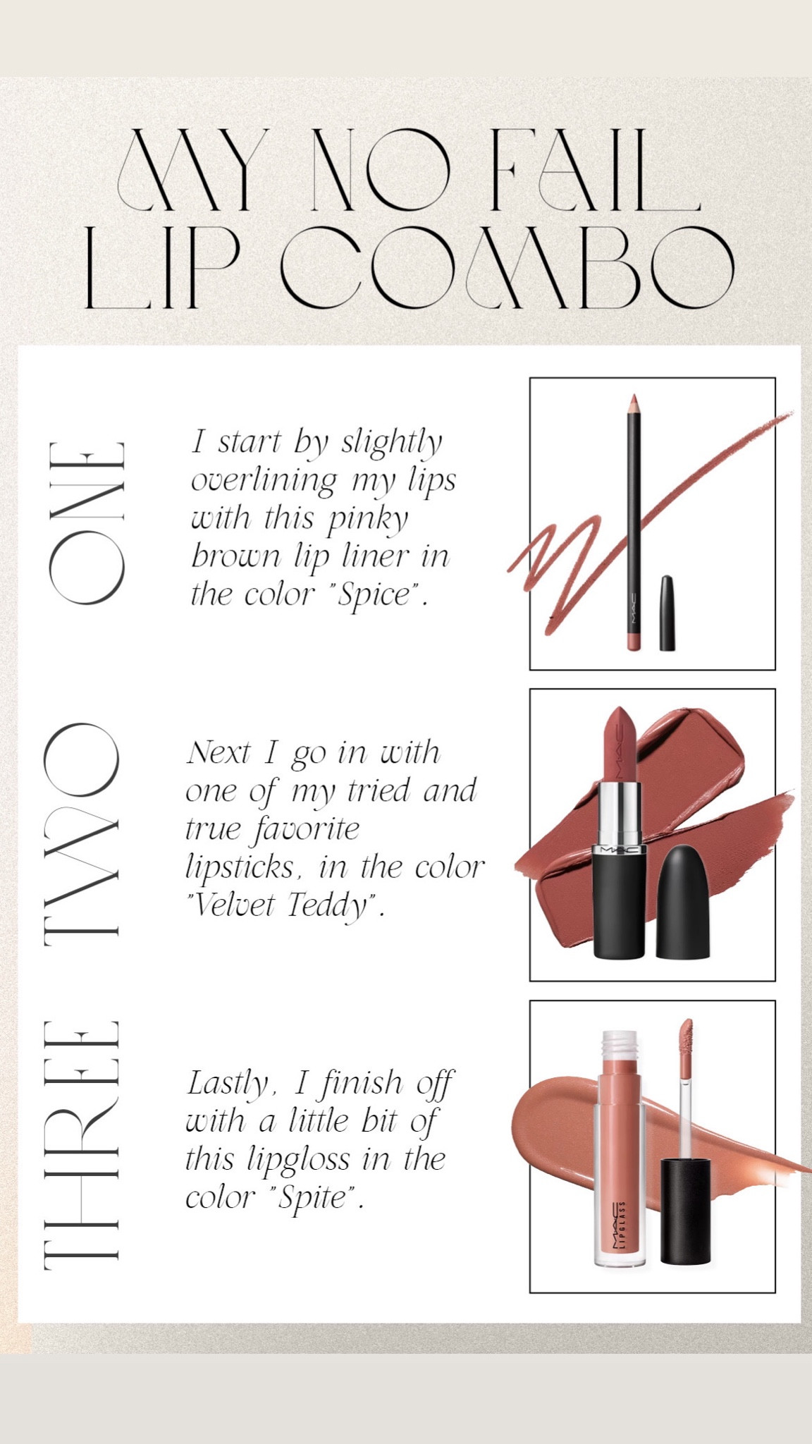 My No Fail Lip Combo 
1
I start by slightly overlining my lips with this pinky brown lip liner in the color “Spice”.

2 Next I go in with one of my tried and true favorite lipsticks, in the color “Velvet Teddy”.

3. Lastly, I finish off with a little bit of this lipgloss in the color “Spite”.


#LTKBeauty #LTKSaleAlert #LTKFindsUnder50