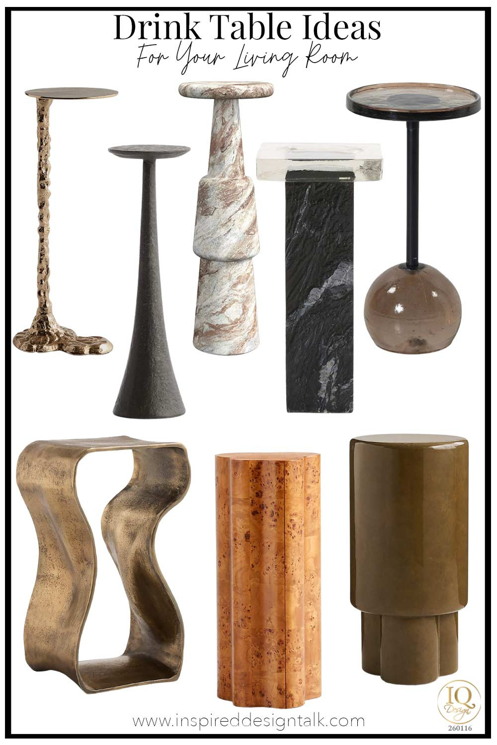 Drink table ideas for your living room or bedroom. perfect home decor to add ned to a sofa, sectional, accent chair, or swivel chair. Marble drink table, brass table, burlwood, marble and glass, iron small table. 

 #LTKSeasonal #LTKOver40 #LTKHome