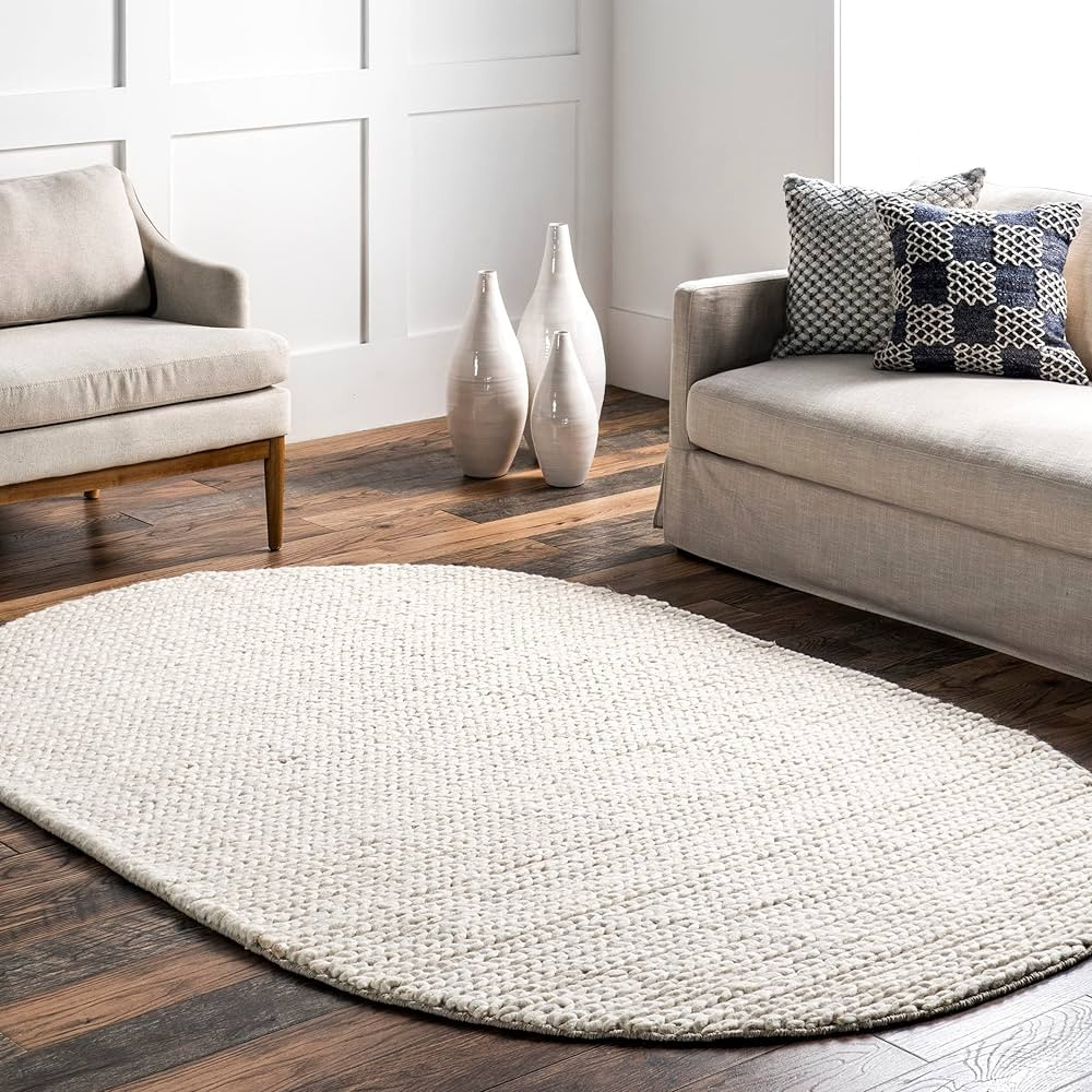 nuLOOM Oval 5x8 Penelope Wool Braided Handmade Area Rug, Off White, Solid Rustic Farmhouse Style,... | Amazon (US)