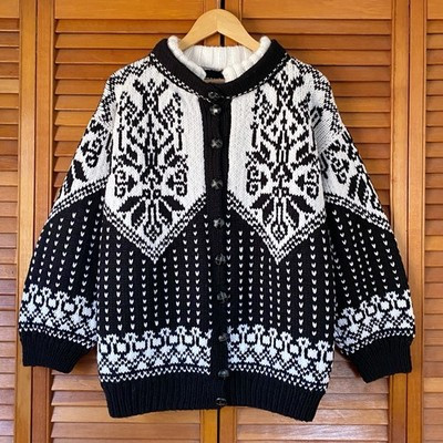 Vintage Cardigan Sweater Women's Size XL Handknit Nordic Black White Snowflake | eBay US