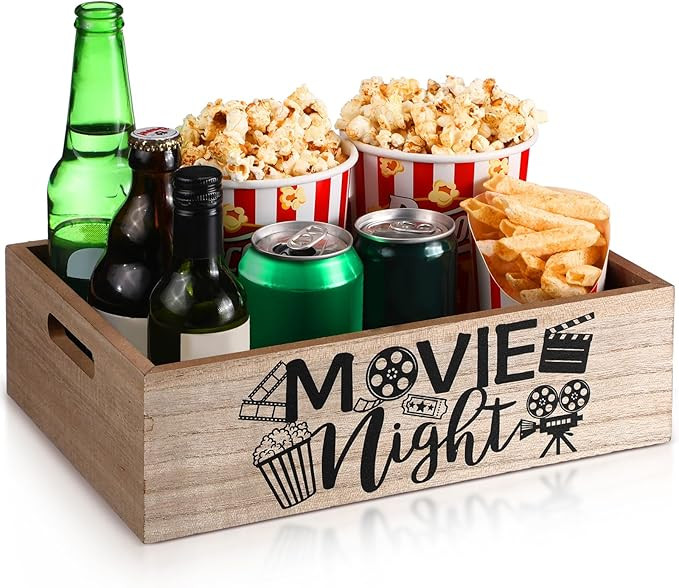 Movie Night Supplies Snack Tray with Handles for Theater Popcorn Bucket Bowl Box Reusable Wooden ... | Amazon (US)