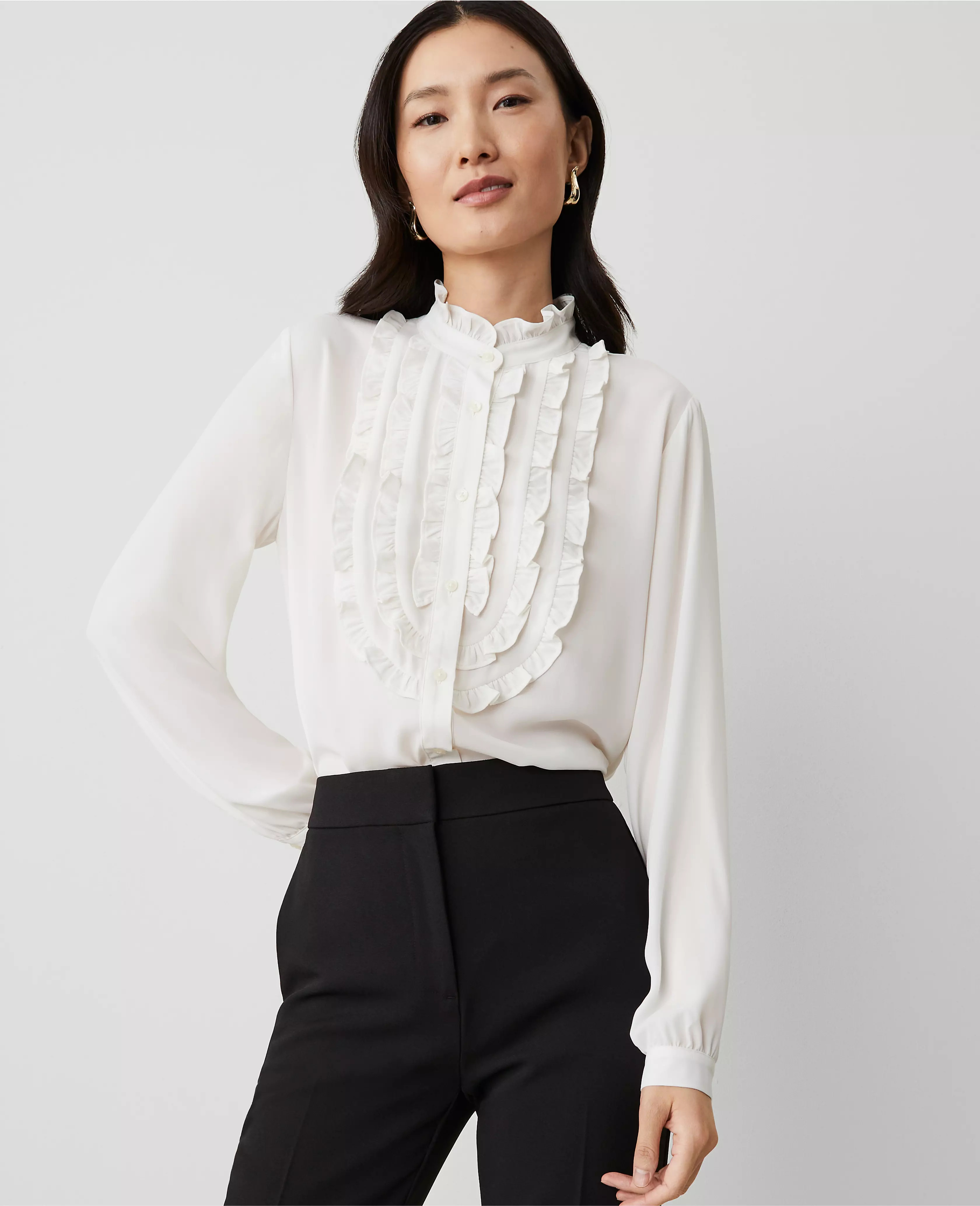 Tuxedo Ruffle Button Down Shirt | Ann Taylor