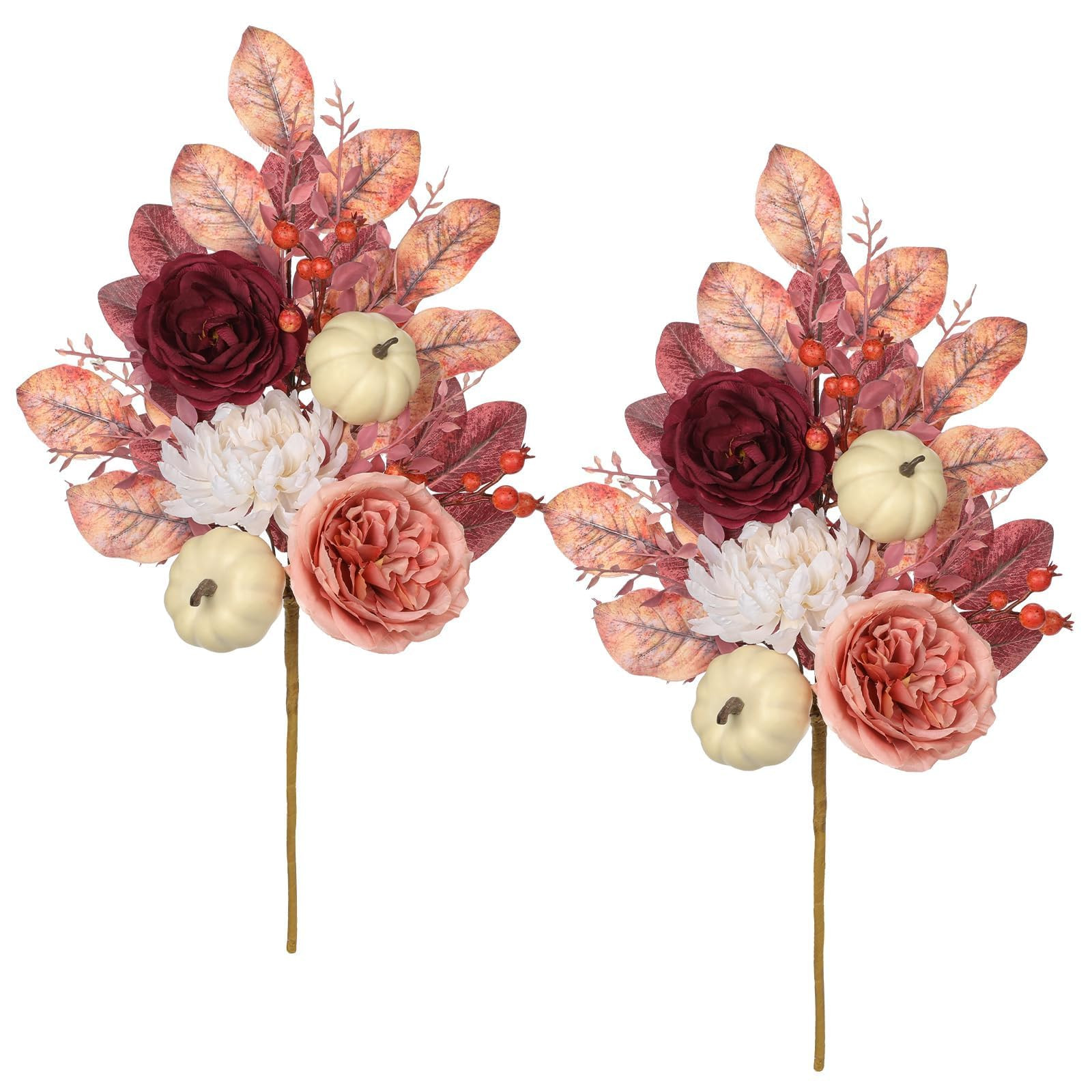 Fake Fall Flowers Bouquet Arrangements Artificial Silk Flower Stem with White Pumpkin and Pink Eu... | Amazon (US)