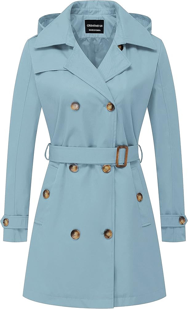 CREATMO US Women's Trench Coat Double-Breasted Classic Lapel Overcoat Belted Slim Outerwear Coat ... | Amazon (US)