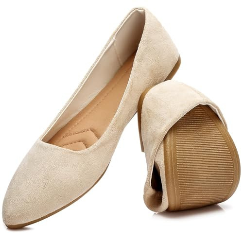 HEAWISH Women's Black Flats Shoes Comfortable Suede Pointed Toe Slip On Casual Ballet Flats Dress Shoes Beige Flats(Beige,US9.5) | Amazon (US)