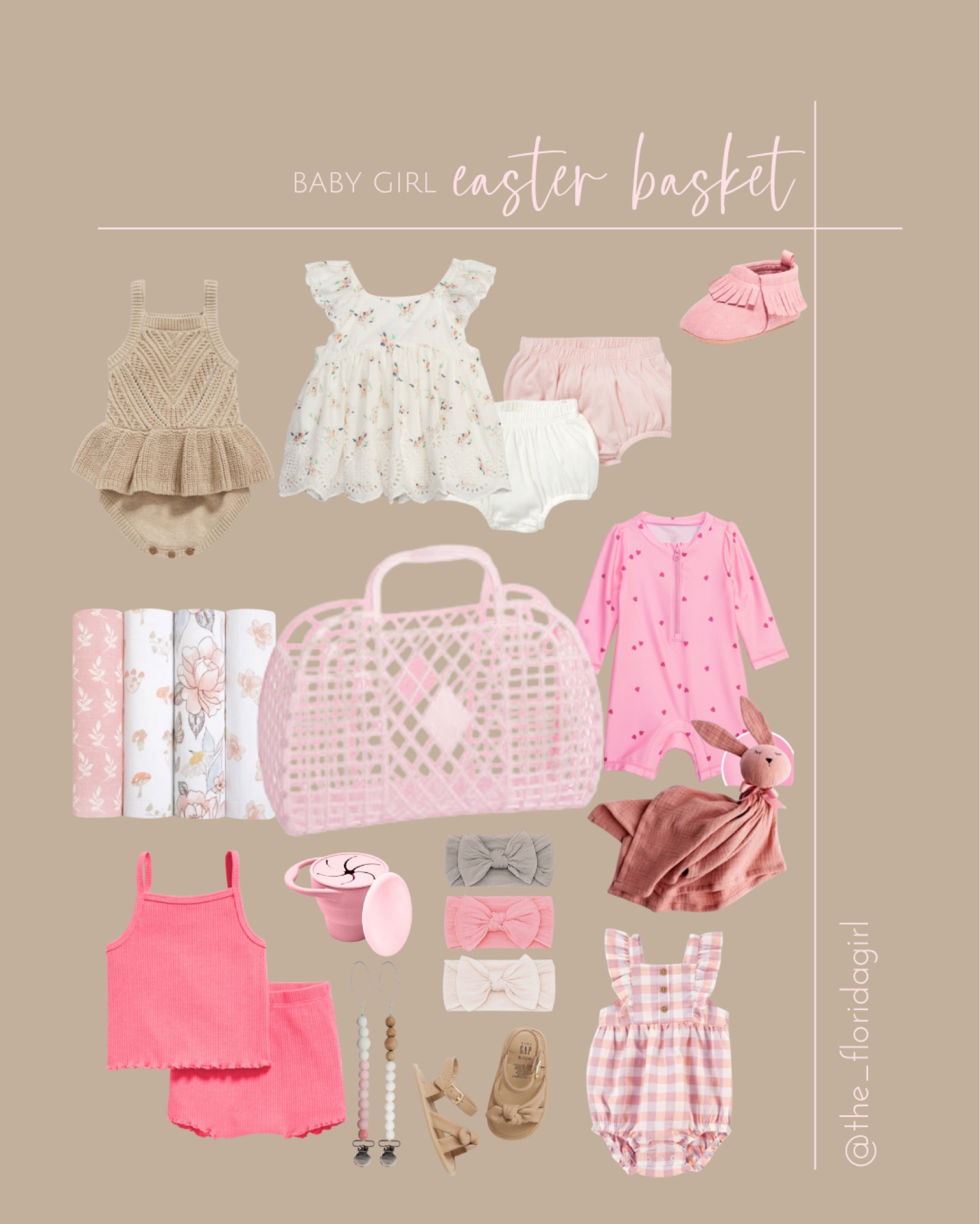 Baby girl Easter basket, jelly basket, swaddles, pacifier, pacifier clips, blankets, onesies, outfits, rompers, swimsuits, bows, headbands, moccasins, sandals, baby girl, baby, registry, must have 

#LTKbump #LTKbaby #LTKfamily