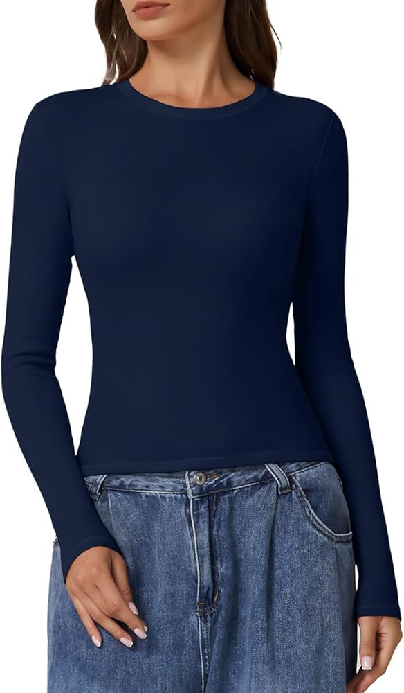 QINSEN Long Sleeve Shirts for Women Crewneck Rib Knit Slim Fit Going Out Tops Casual Basic Tee | Amazon (US)