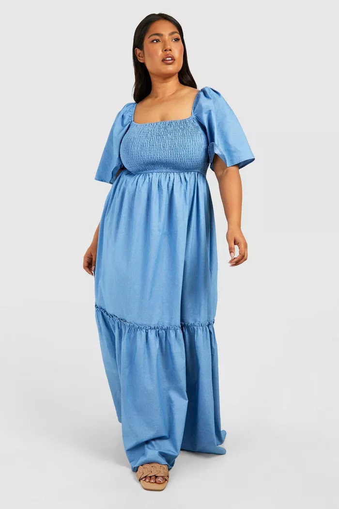 Plus Chambray Puff Sleeve Midi Smock Dress | boohoo (US & Canada)