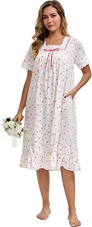 Women's Victorian Nightgown Soft Cotton Sleepwear Long Sleeve Princess Nightdress with Pockets | Amazon (US)