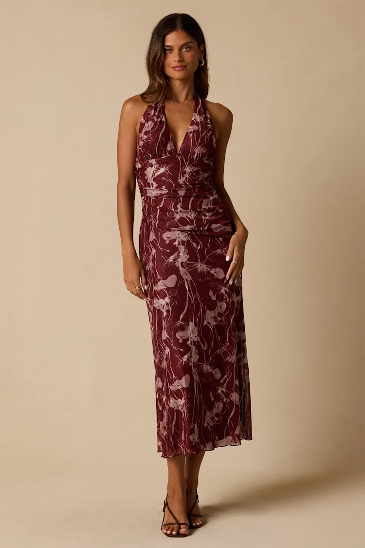 Betty Burgundy Abstract Print Mesh Halter Midi Dress | Lulus