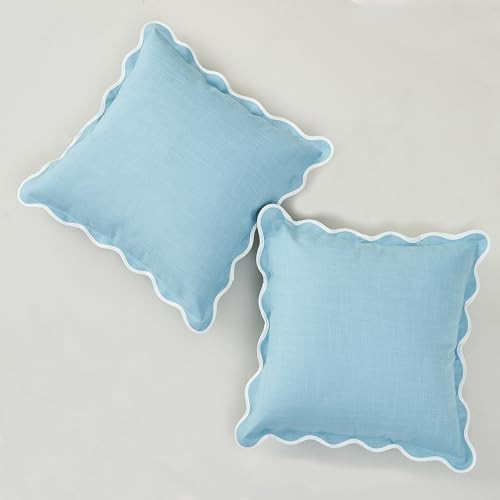 Mayler Yee Scalloped Throw Pillow Covers Set of 2 for Living Room, Cotton & Linen, Boho Sytle Decorative Home. Fabric Feels a Little Stiff, Because Scalloped Edges Require (Blue, 18x18 Inch) | Amazon (US)