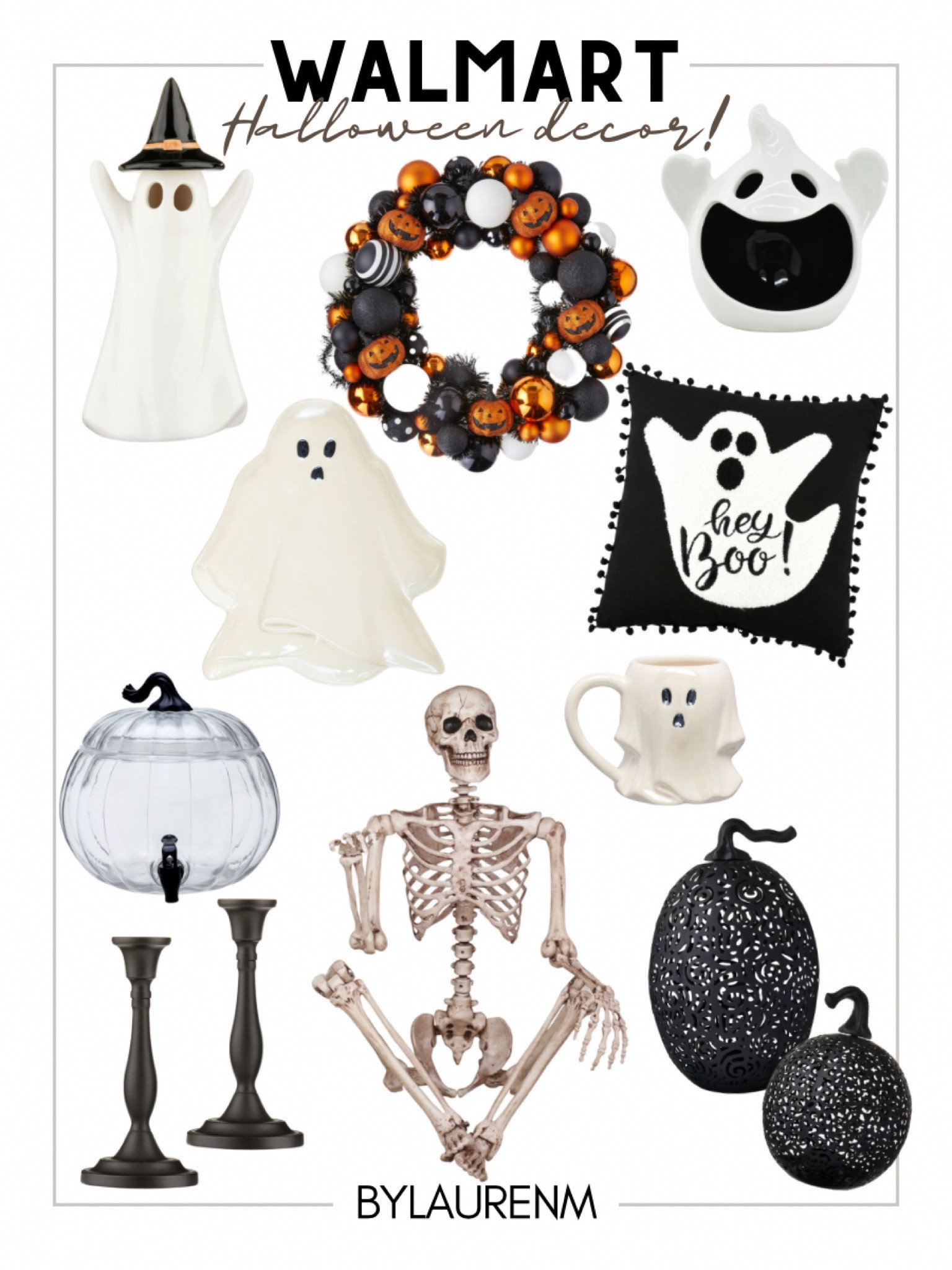 The cutest Halloween decor for less! Halloween decorations . Everything under $60. Halloween wreath, ghost platter, ghost pillow, ghost mug, pumpkin drink dispenser, black candlesticks, black pumpkins. 

#LTKfindsunder50 #LTKHalloween #LTKhome