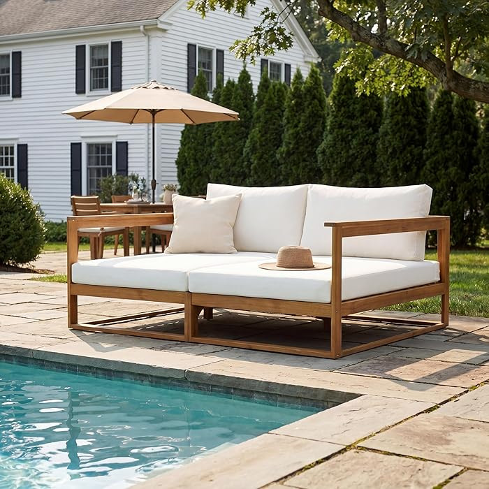 Merax Teak Finish Acacia Wood Double Daybed with Beige Water-Resistant Cushions, 600 lbs Capacity... | Amazon (US)