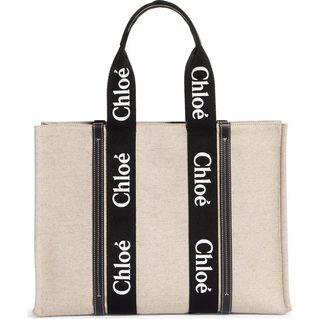 Chloé Large Woody Logo Strap Canvas Tote in Beige/Black at Nordstrom | Nordstrom