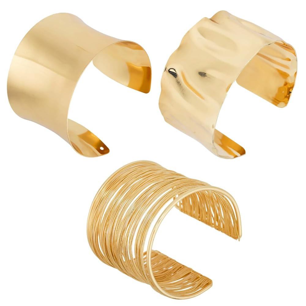 3pcs Gold Bangle Bracelets Set for Women, Smooth Wire and Hammered Open Cuff Irregular Minimalist... | Amazon (CA)