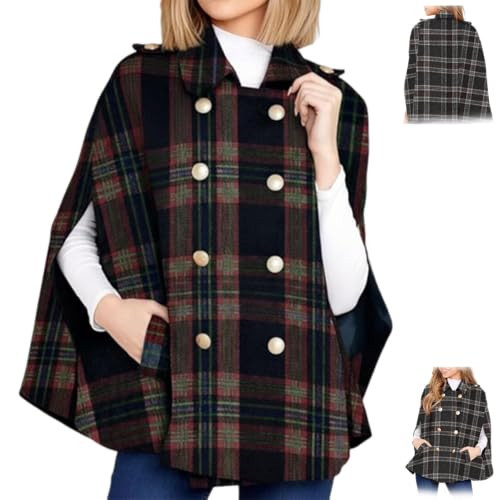 Women's Plaid Winter Cape Coat, Womens Plaid Jacket Double Breasted Winter Cape Coats, Stylish Outwear (Navy,Medium) | Amazon (US)