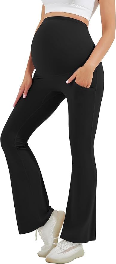 HEGALY Women's Maternity Flare Leggings Over The Belly - Casual Pregnancy Yoga Pants with Pockets... | Amazon (US)