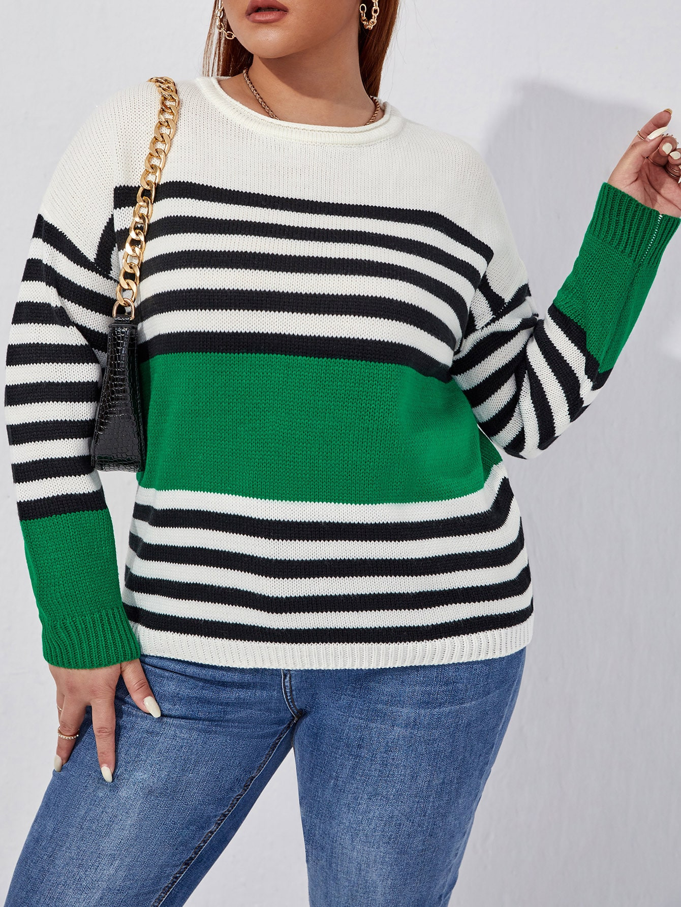 SHEIN Plus Color Block Stripe Pattern Drop Shoulder Sweater | SHEIN