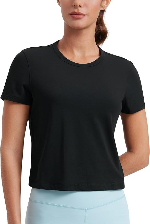 CRZ YOGA Women's Pima Cotton Short Sleeve Crop Tops High Neck Cropped Workout Shirts Yoga Athleti... | Amazon (US)