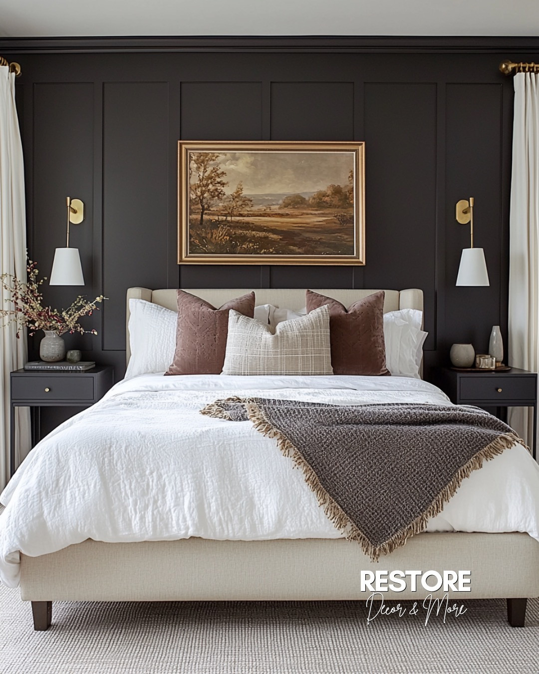 Can we just talk about how cozy this bedroom feels?! The dark accent wall makes everything pop—especially the warm pillows and that textured throw 😍 I’m all about mixing modern with a little vintage (hello, artwork!) and this setup nails it. If you’re into moody vibes with a neutral twist, this one's for you! 


#bedroomideas #neutralbedroom #cozybedroom #modernfarmhouse #moodydecor #bedroominspo #blackaccentwall  #vintagestyle #upholsteredbed #neutralbedding
#throwpillows #waffleknitblanket
#blacknightstands #brasssconces
#vintagelandscapeart #potterybarn 

 #LTKHome #LTKFindsUnder50 #LTKFindsUnder100