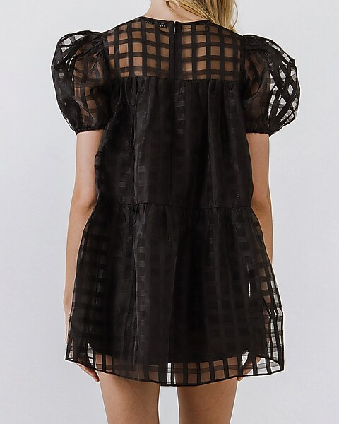 English Factory Gridded Puff Sleeve Mini Dress | Express