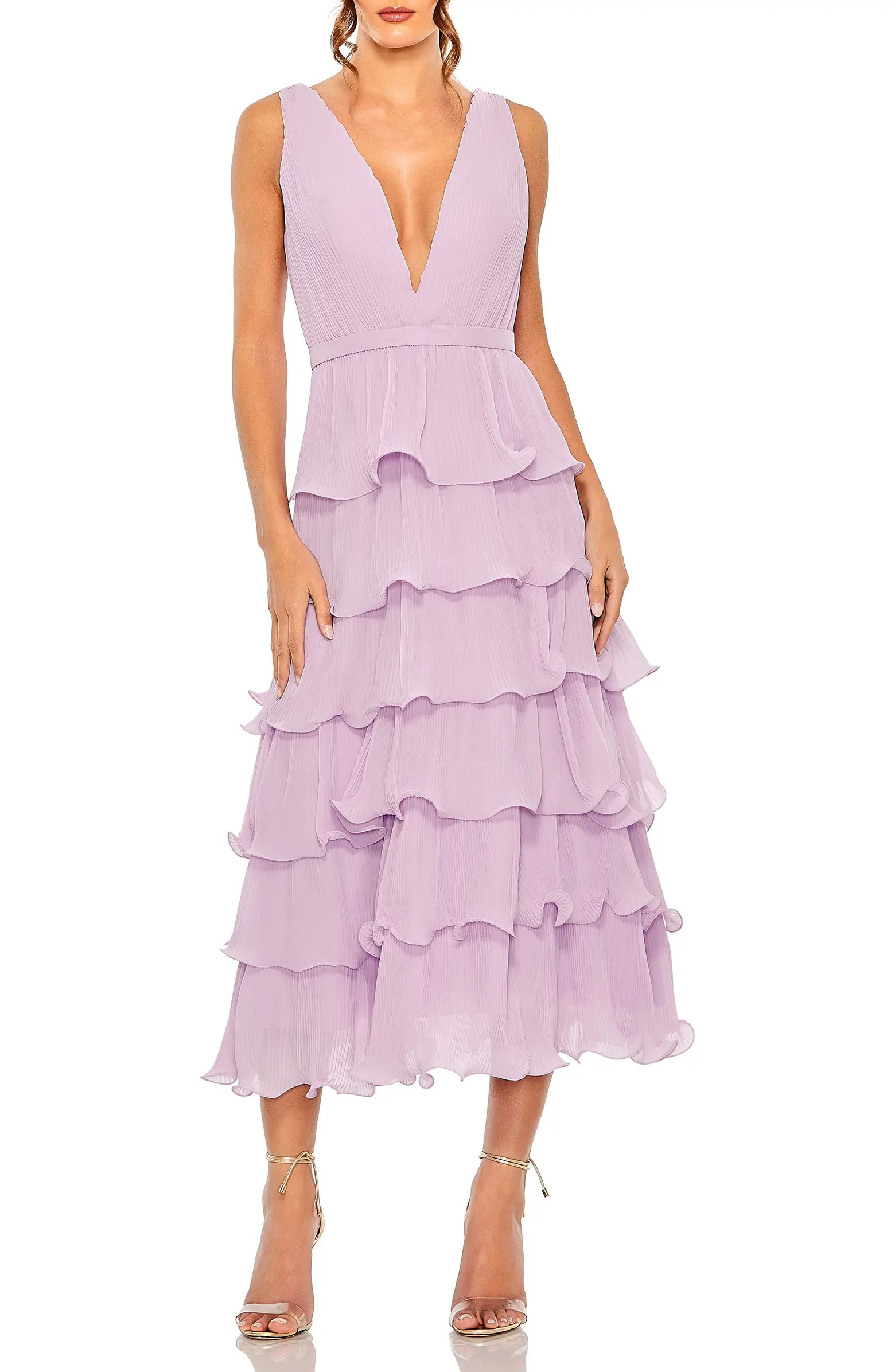 Deep V Chiffon Sleeveless Ruffle Midi Dress | Nordstrom