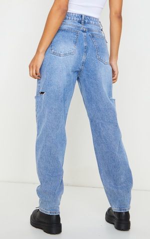 Mid Wash Thigh Split Baggy Boyfriend Jeans | PrettyLittleThing US