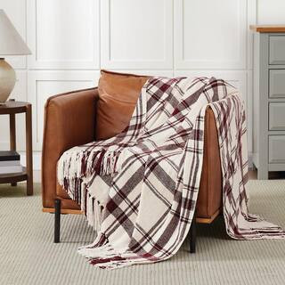 Plaid Chenille Burgundy/Ivory 50 x 70 Polyester Throw | The Home Depot