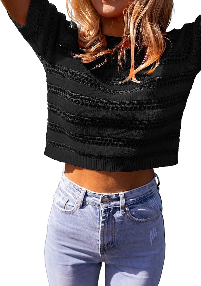 Womens Spring Summer Crochet Tops Hollow Out Short Sleeve Crop Pullover Sweater Top Beach Vacatio... | Amazon (US)