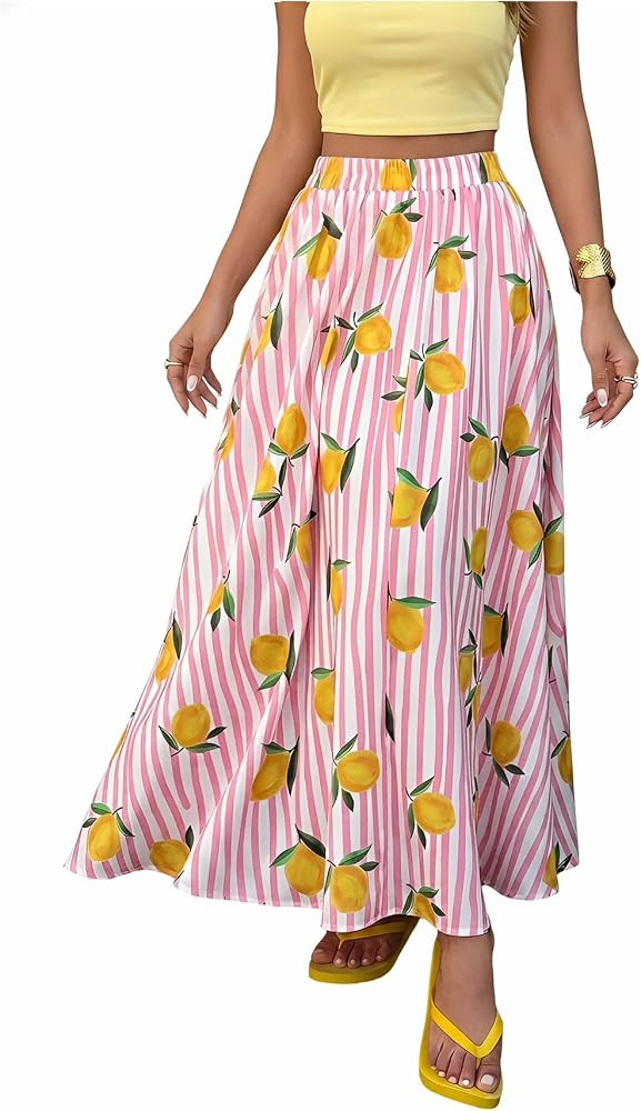 SweatyRocks Women's Striped Lemon Print A Line Long Skirt Elastic High Waist Summer Beach Skirts | Amazon (US)