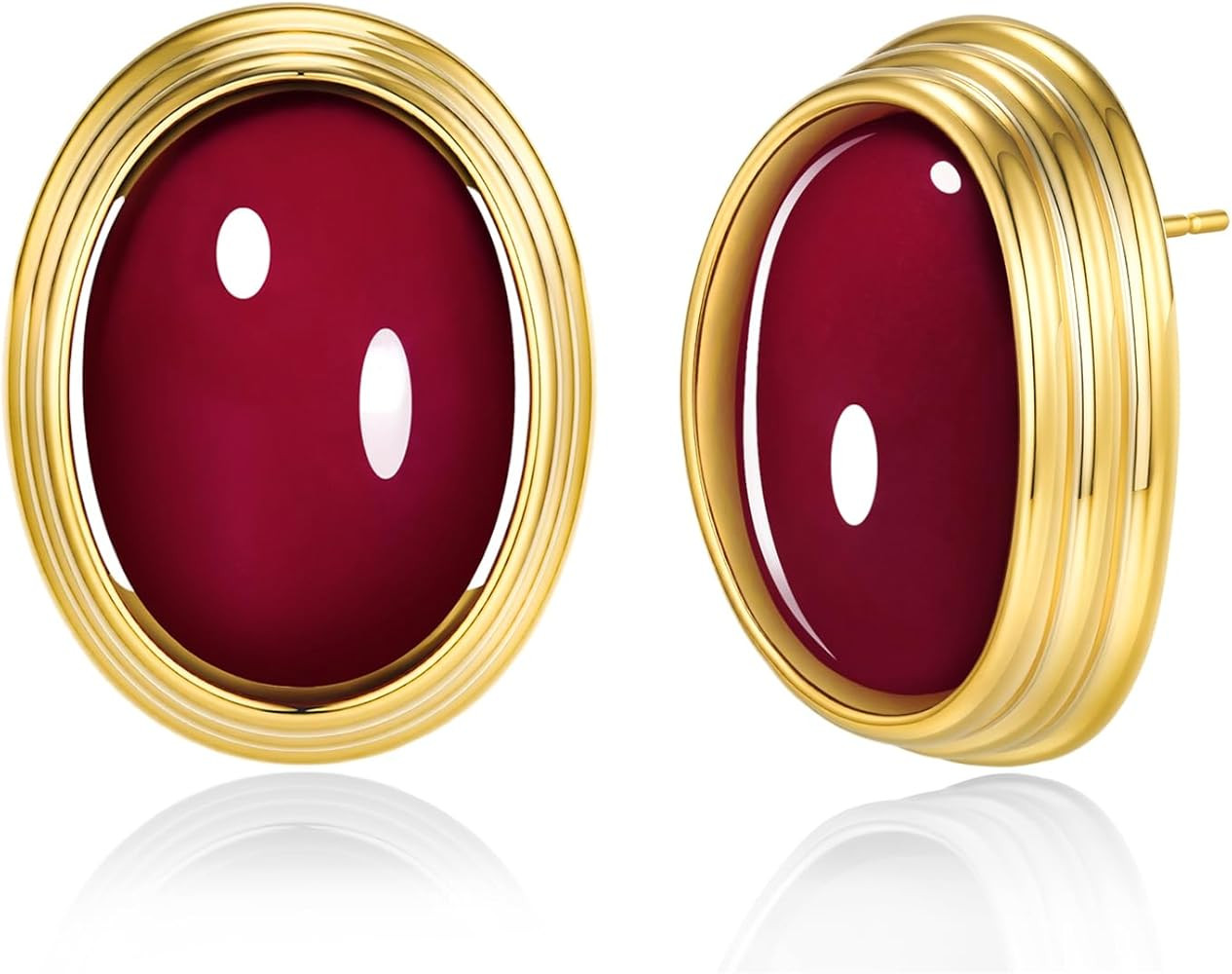 18K Gold Plated Burgundy Maroon Red Carnelian Round Oval Ribbed Button Chunky Statement Earrings ... | Amazon (US)