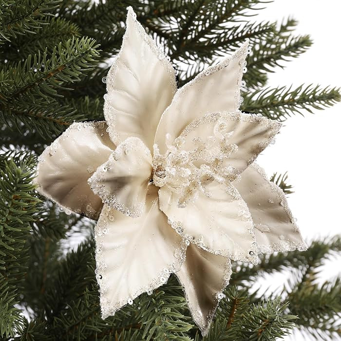 Bucherry 12 Pcs Pearl White Poinsettia Flowers for Christmas Tree Decoration, 6" Plastic Glitter ... | Amazon (US)