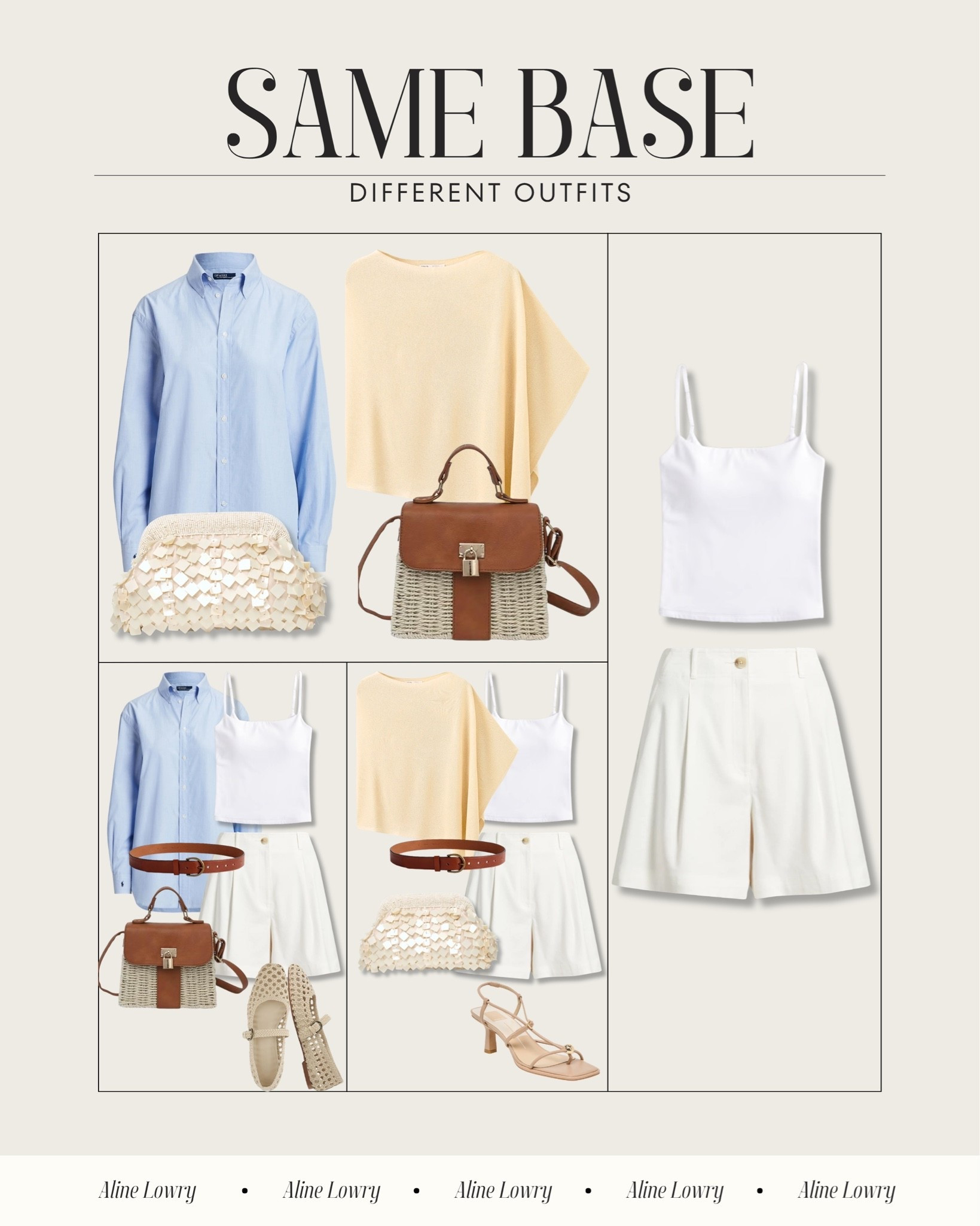 Same base different outfits - summer 
Key pieces: white tailored shorts and white tank top
Add a belt to any outfit, blue button down  shirt or butter yellow poncho - both are trending and perfect for layering during summer.

#LTKU #LTKSeasonal #LTKootd