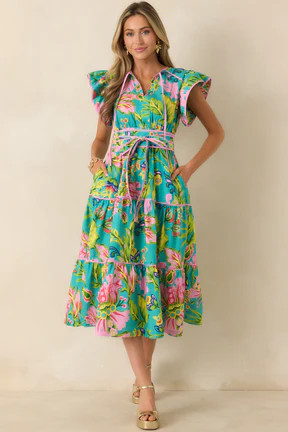 Prosperina Leighton Jade Multi Tropical Floral Cotton Midi Dress | Red Dress